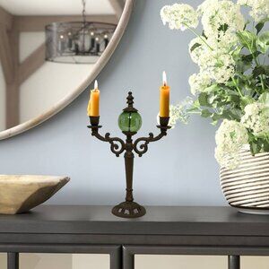 Cast Iron Double Candle Holder with Green Glass Globe